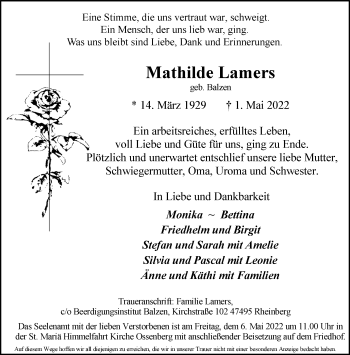Traueranzeige von Mathilde Lamers 