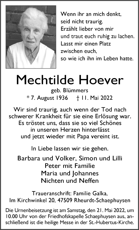 Traueranzeige von Mechtilde Hoever 