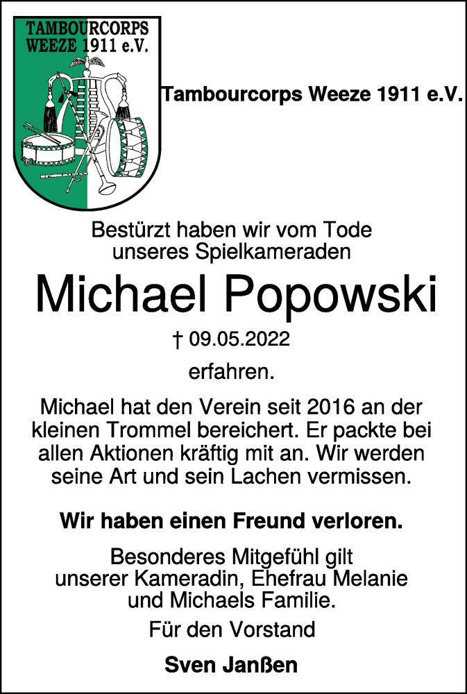  Traueranzeige für Michael Popowski vom 18.05.2022 aus 