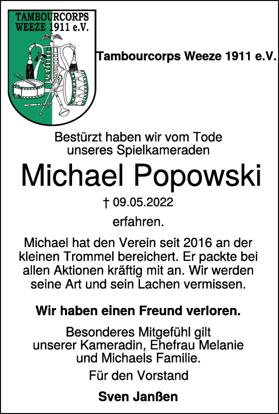 Traueranzeige von Michael Popowski 