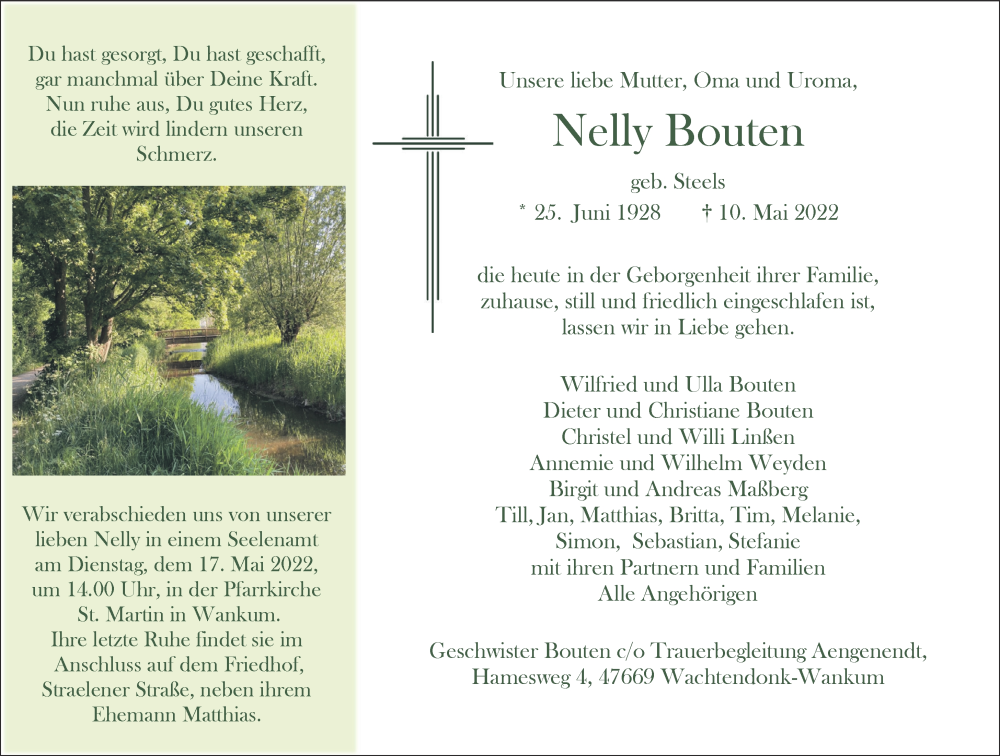  Traueranzeige für Nelly Bouten vom 14.05.2022 aus 