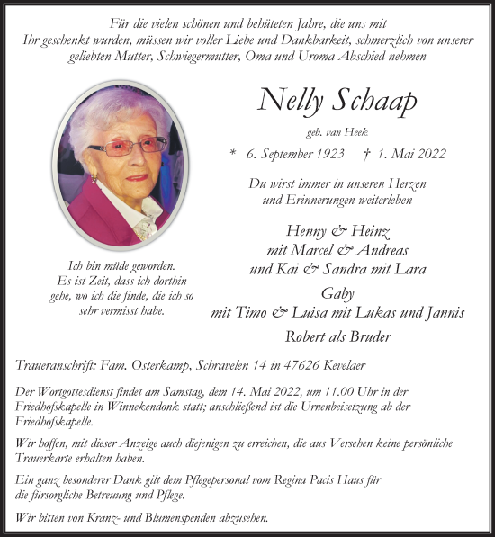 Traueranzeige von Nelly Schaap 