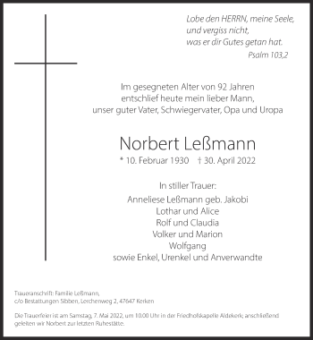 Traueranzeige von Norbert Leßmann 