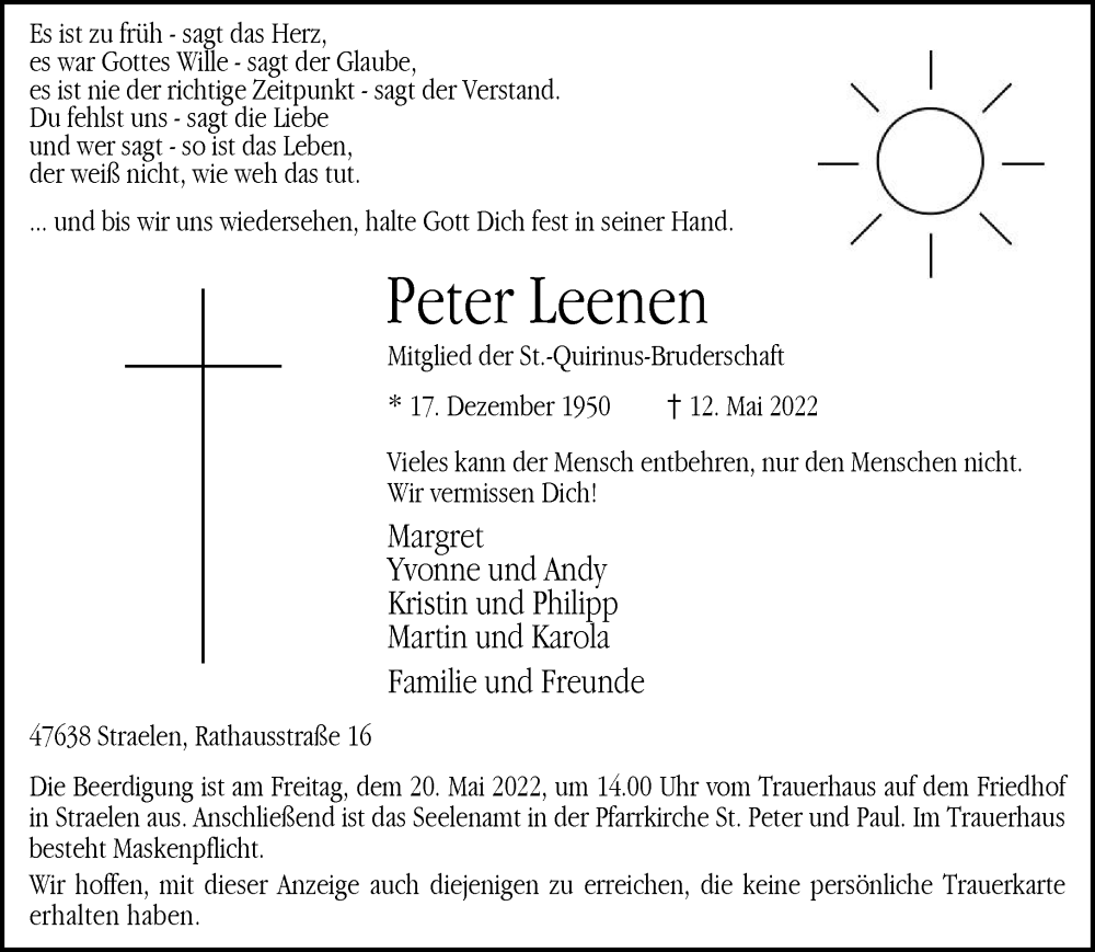  Traueranzeige für Peter Leenen vom 18.05.2022 aus 