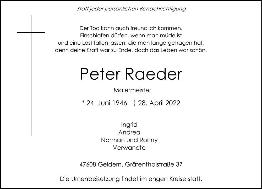  Traueranzeige für Peter Raeder vom 07.05.2022 aus 
