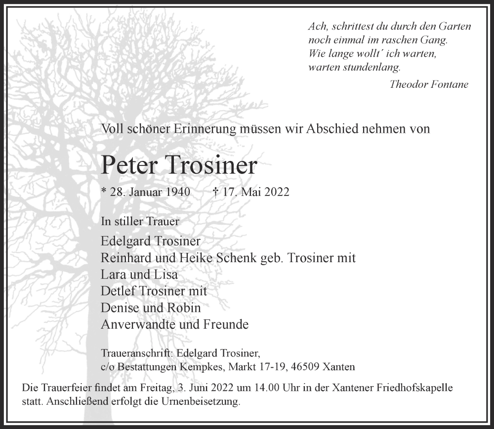  Traueranzeige für Peter Trosiner vom 28.05.2022 aus 