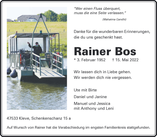 Traueranzeige von Rainer Bos 