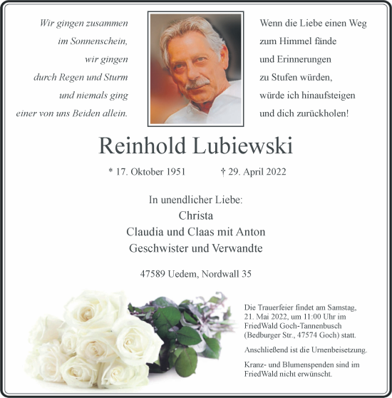Traueranzeige von Reinhold Lubiewskiold 