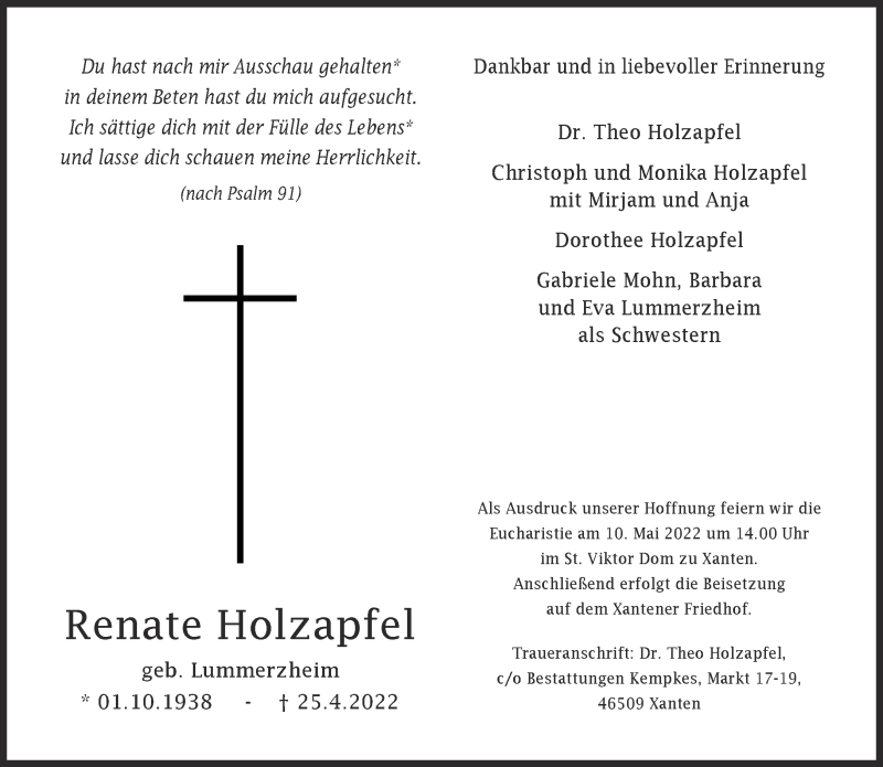  Traueranzeige für Renate Holzapfel vom 04.05.2022 aus 