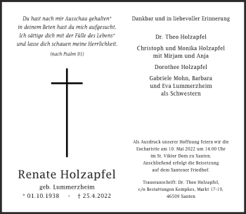 Traueranzeige von Renate Holzapfel 