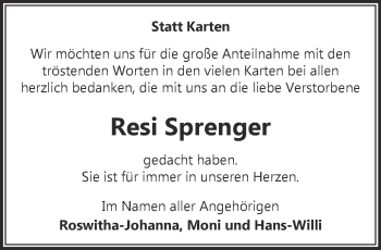 Traueranzeige von Resi Sprenger 