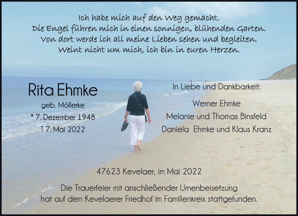  Traueranzeige für Rita Ehmke vom 18.05.2022 aus 
