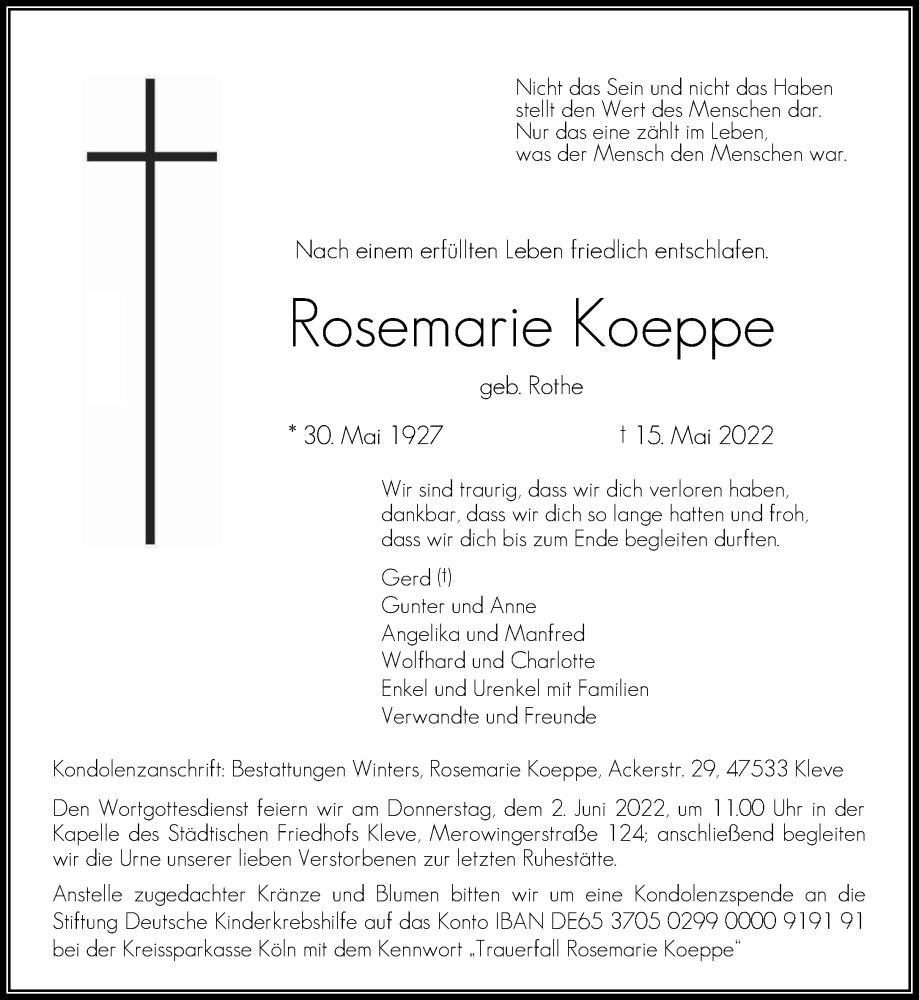  Traueranzeige für Rosemarie Koeppe vom 21.05.2022 aus 