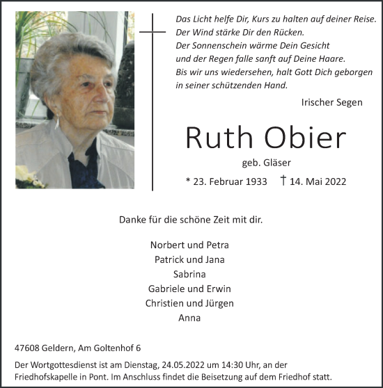 Traueranzeige von Ruth Obier 