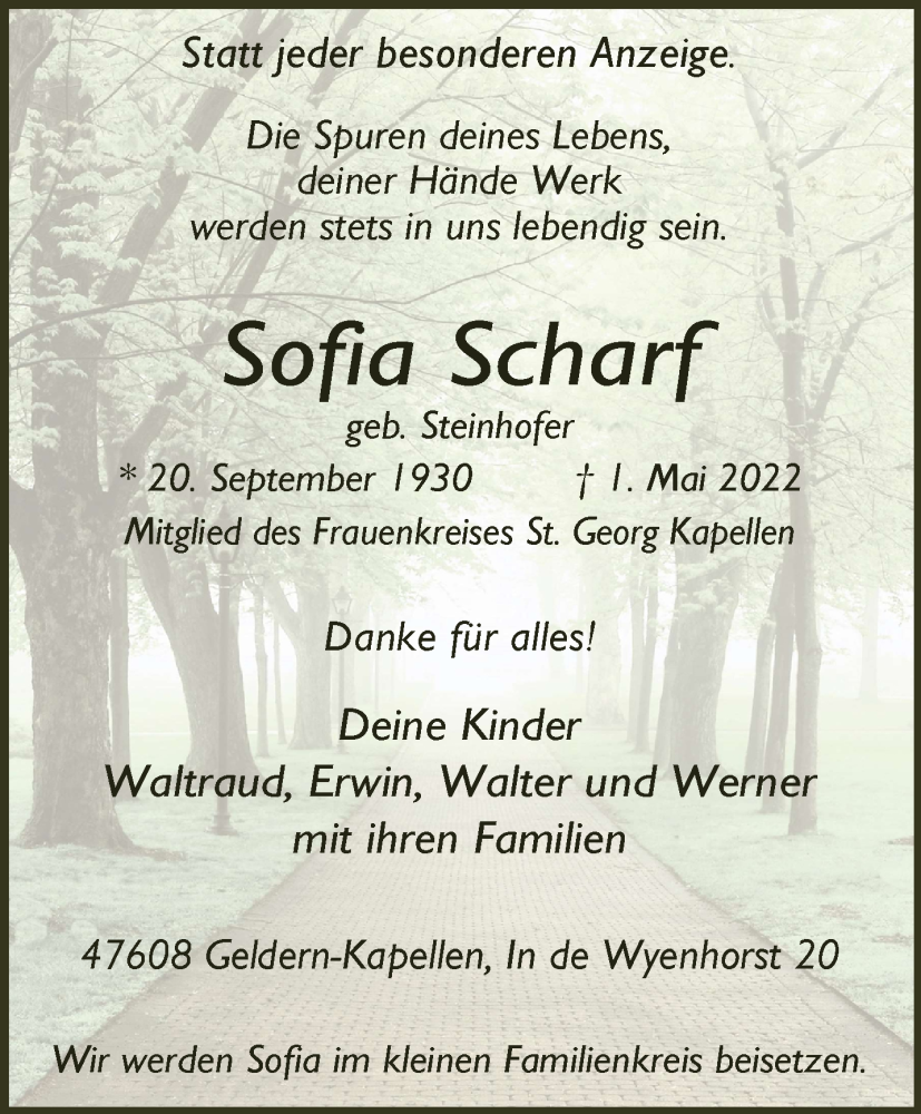 Traueranzeige für Sofia Scharf vom 07.05.2022 aus 