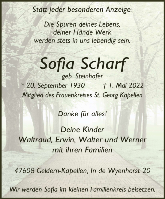 Traueranzeige von Sofia Scharf 