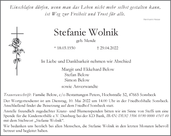 Traueranzeige von Stefanie Wolnik 