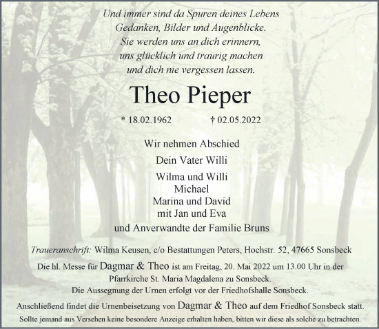 Traueranzeige von Theo Pieper 