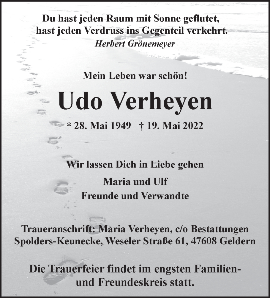  Traueranzeige für Udo Verheyen vom 28.05.2022 aus 