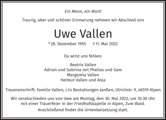 Traueranzeige von Uwe Vallen 