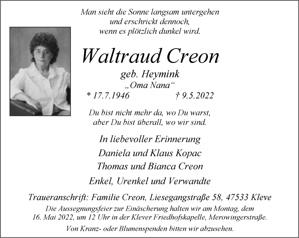  Traueranzeige für Waltraud Creon vom 14.05.2022 aus 