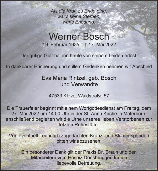 Traueranzeige von Werner Bosch 
