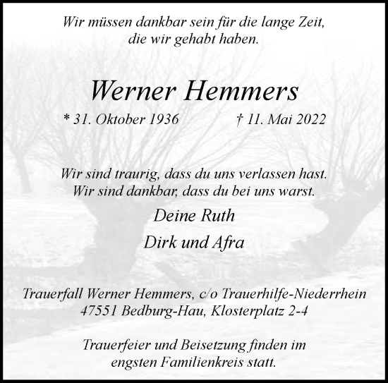 Traueranzeige von Werner Hemmers 