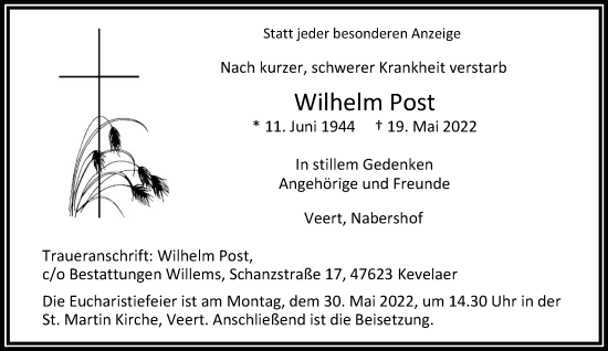 Traueranzeige von Wilhelm Post 