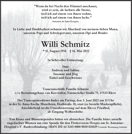 Traueranzeige von Willi Schmitz 