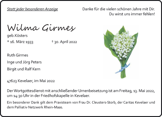 Traueranzeige von Wilma Girmes 