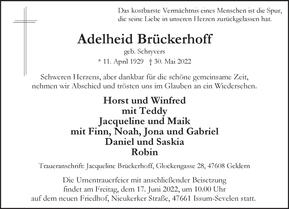  Traueranzeige für Adelheid Brückerhoff vom 11.06.2022 aus 