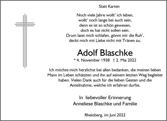 Traueranzeige von Adolf Blaschke 