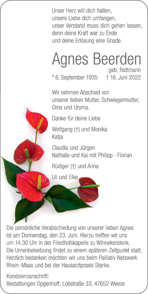 Traueranzeige von Agnes Beerden 