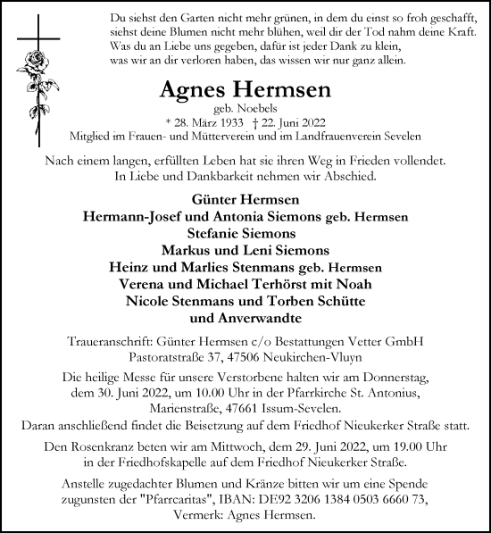 Traueranzeige von Agnes Hermsen 