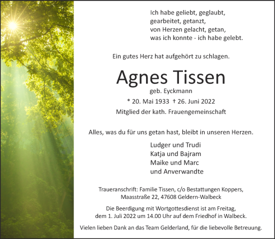 Traueranzeige von Agnes Tissen 