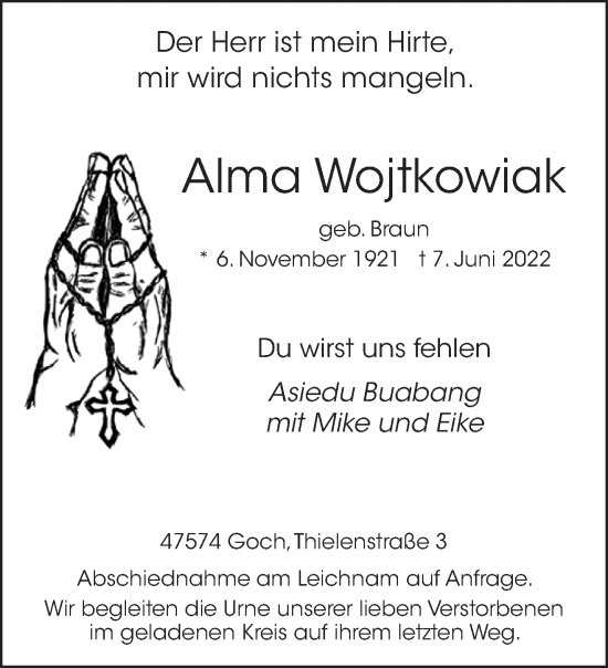 Traueranzeige von Alma Wojtkowiak 