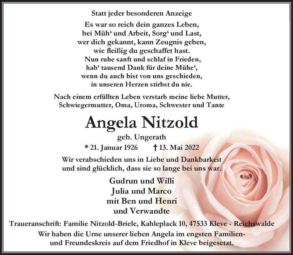  Traueranzeige für Angela Nitzold vom 04.06.2022 aus 