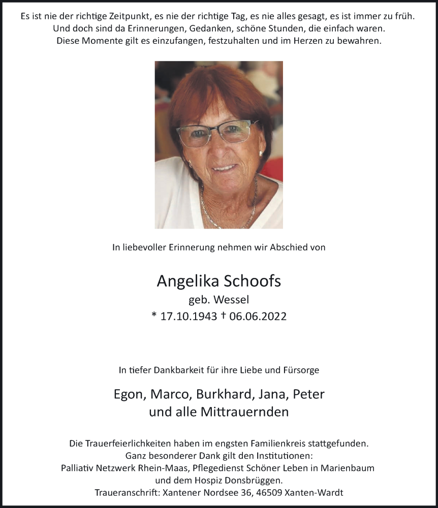  Traueranzeige für Angelika Schoofs vom 18.06.2022 aus 