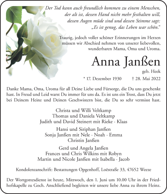 Traueranzeige von Anna Janßen 