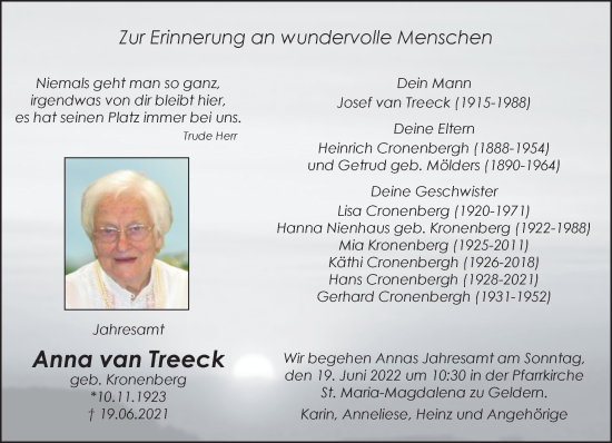 Traueranzeige von Anna van Treeck 