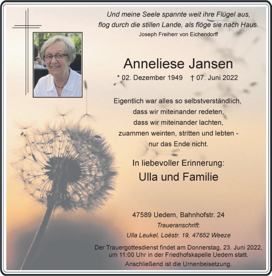 Traueranzeige von Anneliese Jansen 