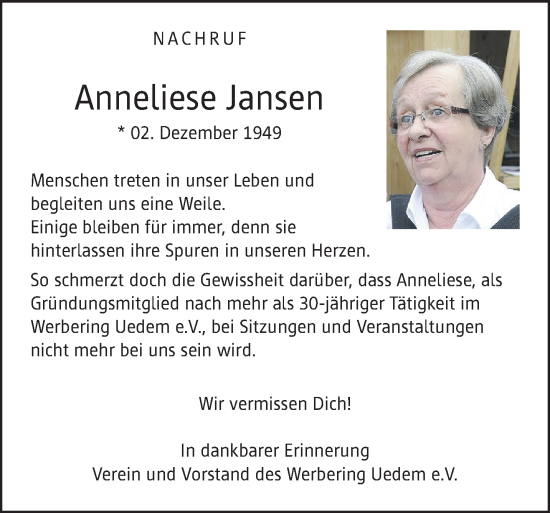 Traueranzeige von Anneliese Jansen 