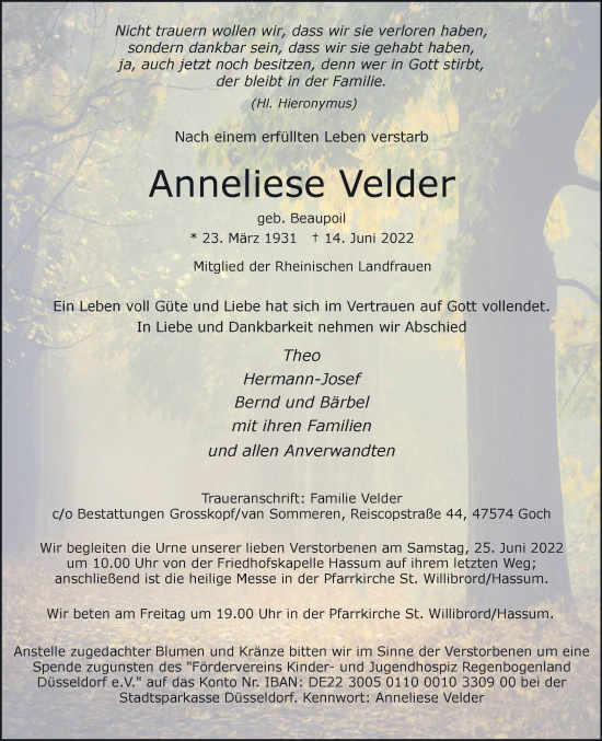 Traueranzeige von Anneliese Velder 