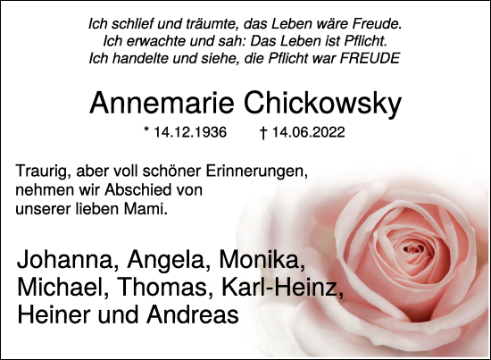 Traueranzeige von Annemarie Chickowsky 