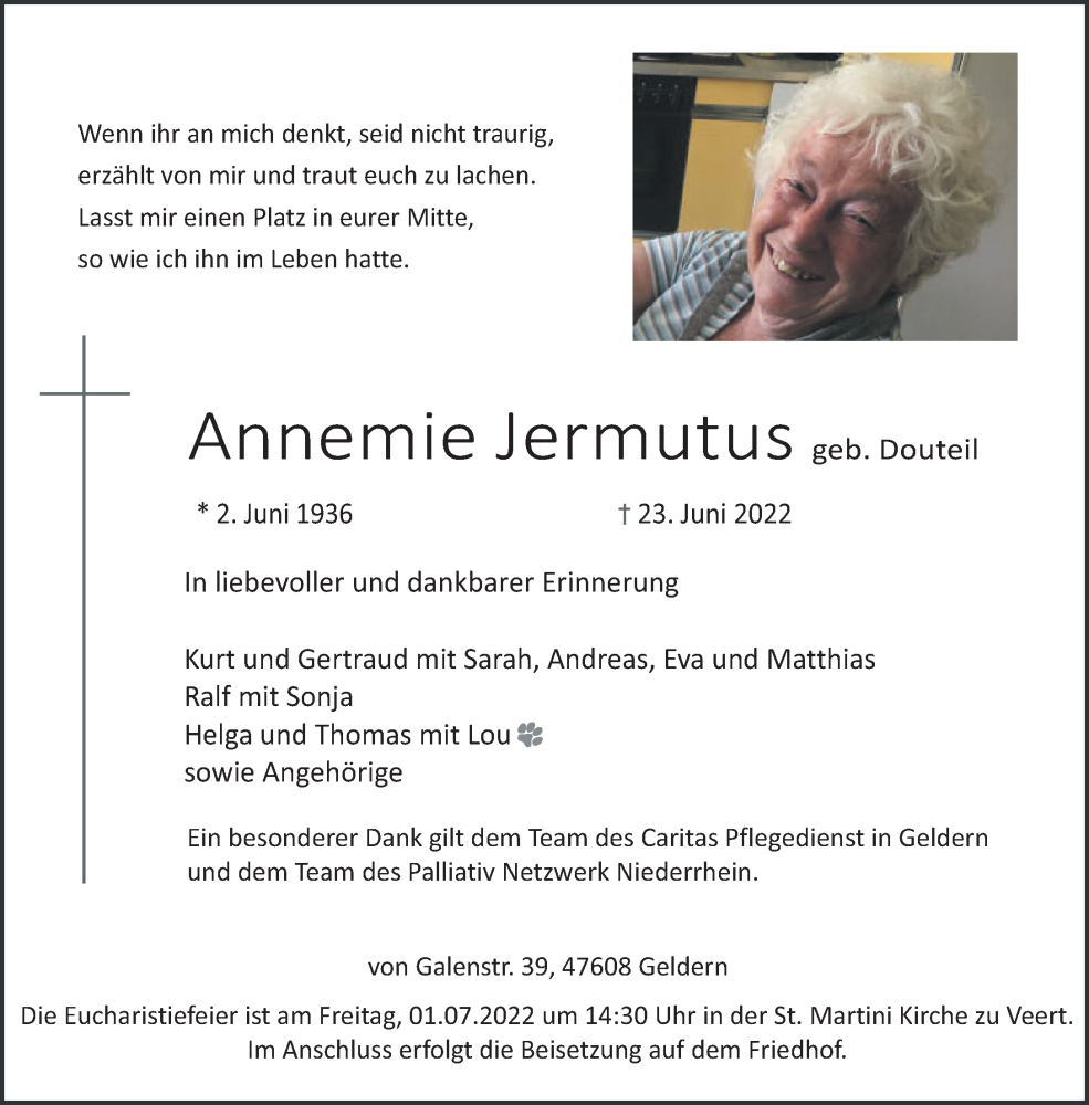  Traueranzeige für Annemie Jermutus vom 29.06.2022 aus 