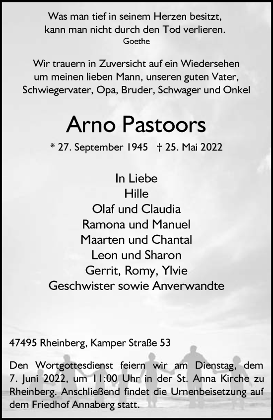 Traueranzeige von Arno Pastoors 