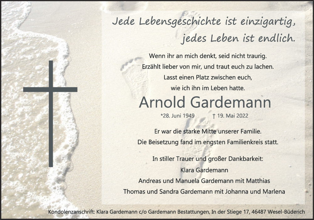  Traueranzeige für Arnold Gardemann vom 08.06.2022 aus 