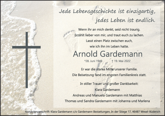 Traueranzeige von Arnold Gardemann 