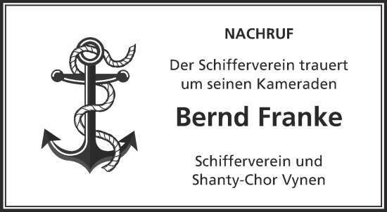 Traueranzeige von Bernd Franke 