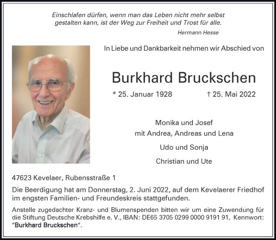 Traueranzeige von Burkhard Bruckschen 